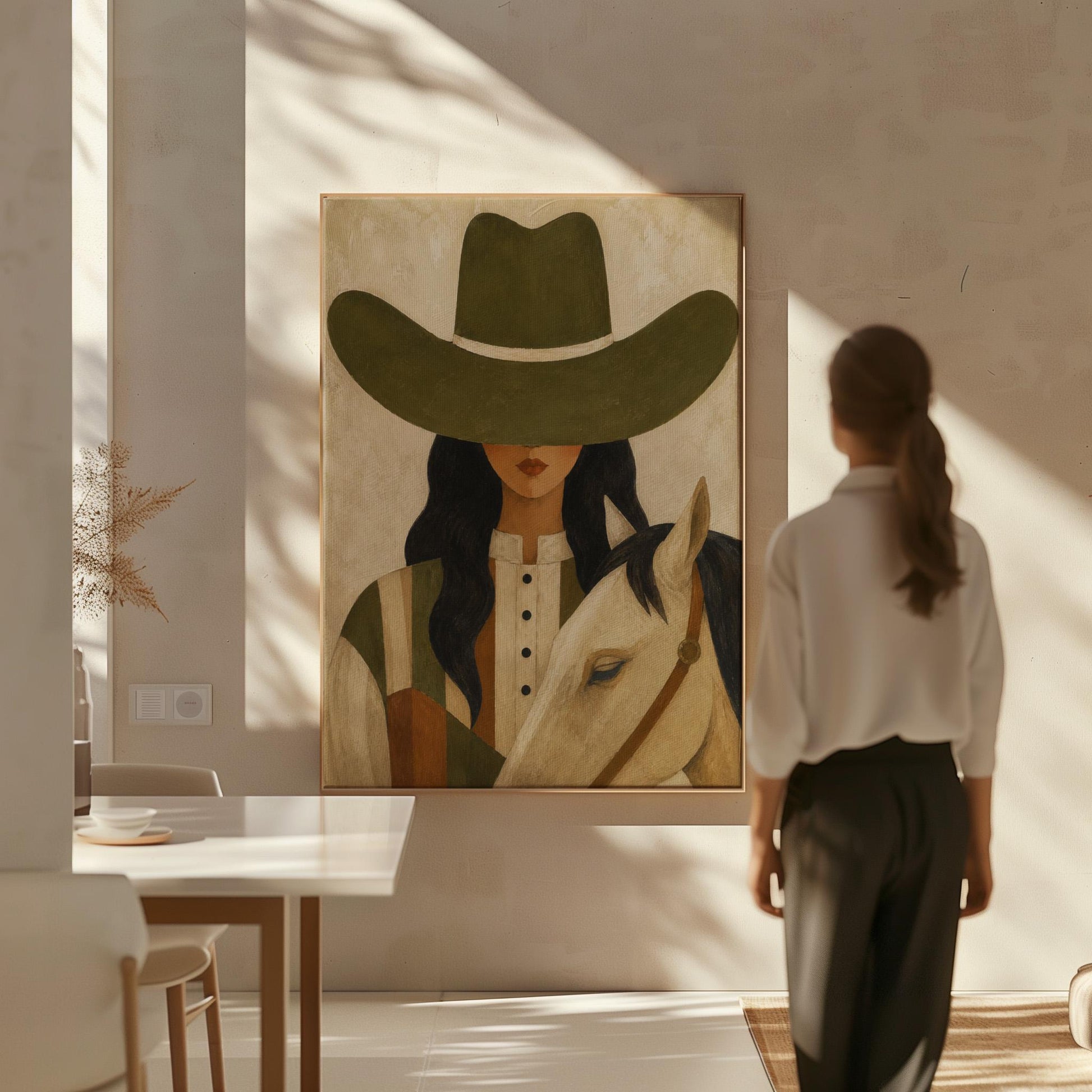 Cowgirl in an olive hat leaning close to a pale white horse, canvas print seen in a warm interior with natural light