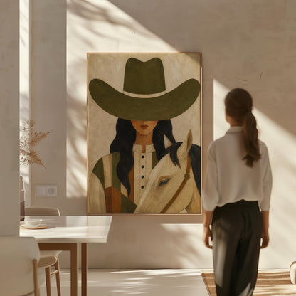 Cowgirl in an olive hat leaning close to a pale white horse, canvas print seen in a warm interior with natural light