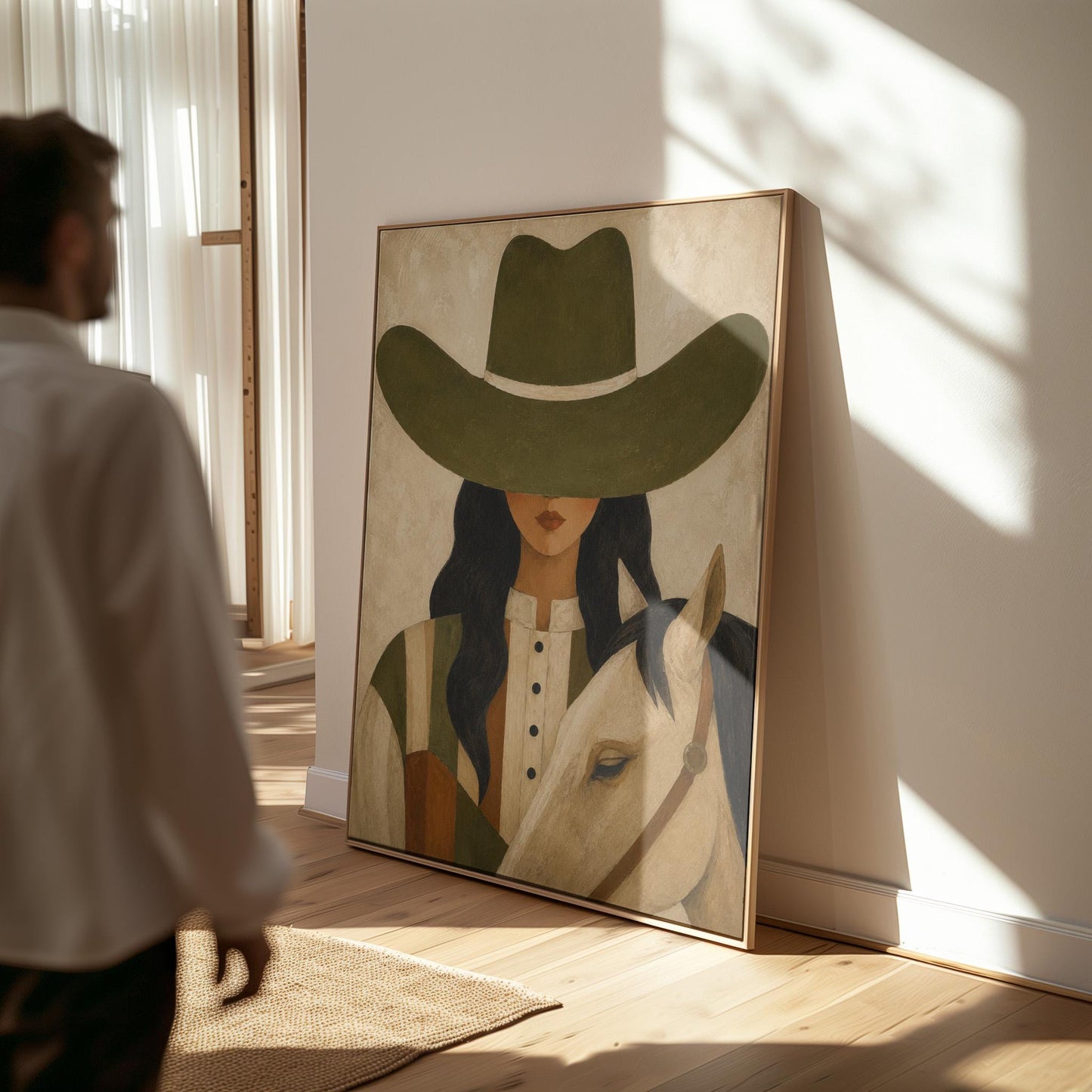 Cowgirl in an olive hat leaning close to a pale white horse, canvas print displayed on a neutral wall in a styled interior