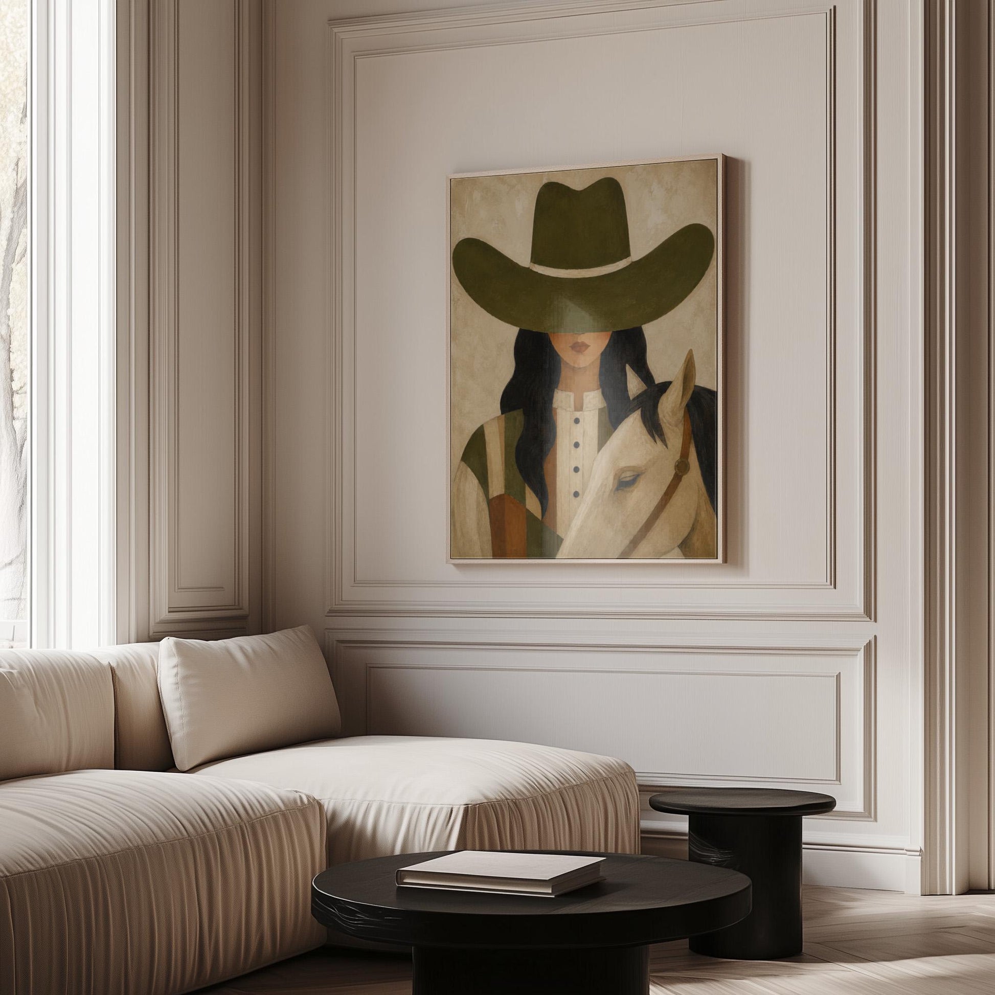 Cowgirl in an olive hat leaning close to a pale white horse, canvas wall art styled against a soft white wall