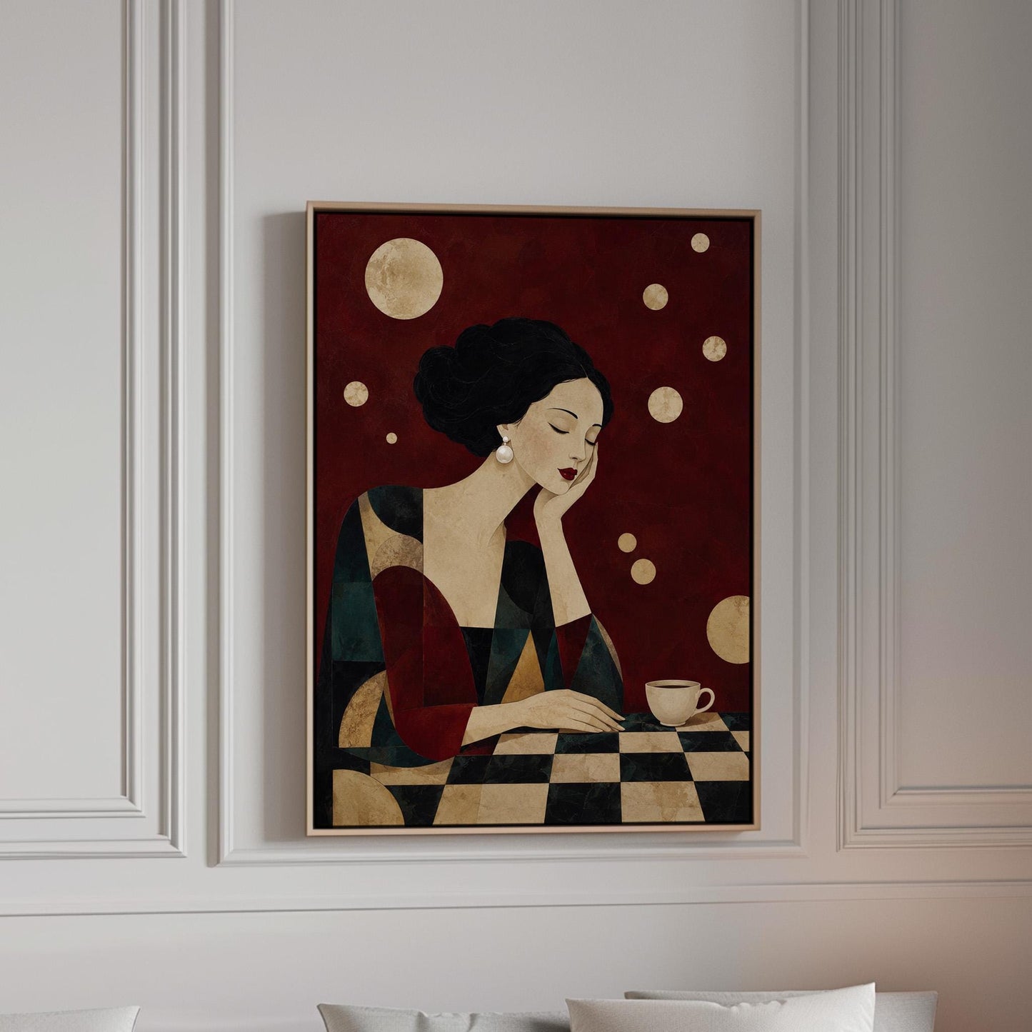 Art deco woman resting her chin on her hand beside a white coffee cup, canvas print in a bright room with natural daylight