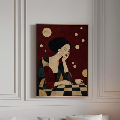 Art deco woman resting her chin on her hand beside a white coffee cup, canvas print in a bright room with natural daylight