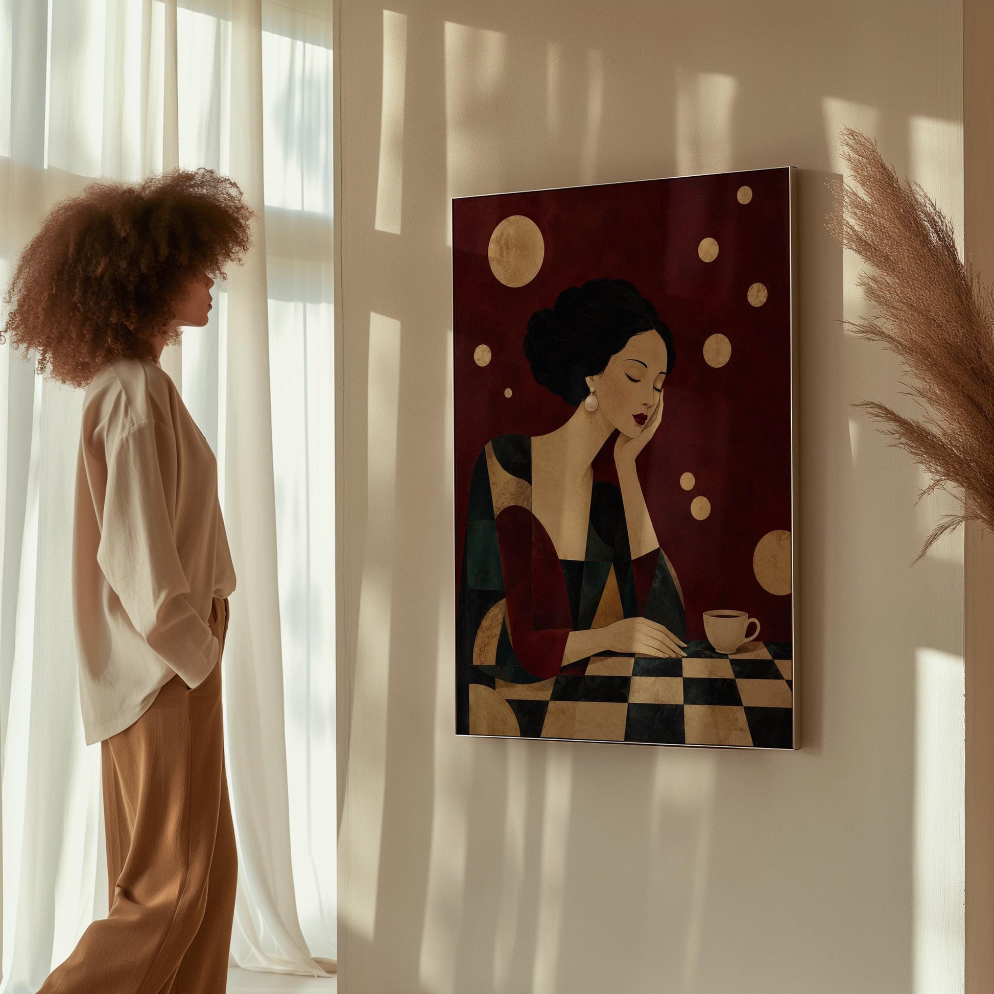 Art deco woman resting her chin on her hand beside a white coffee cup, canvas print hanging in a calm, modern living space
