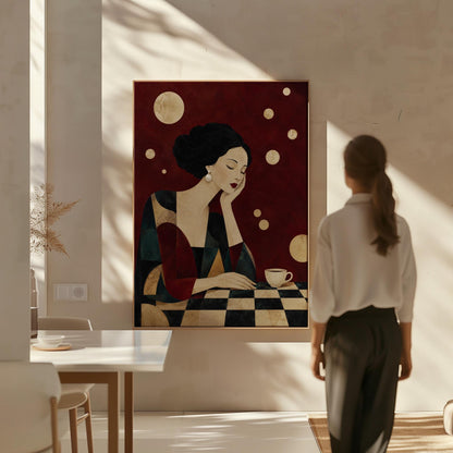 Art deco woman resting her chin on her hand beside a white coffee cup, canvas print seen in a warm interior with natural light