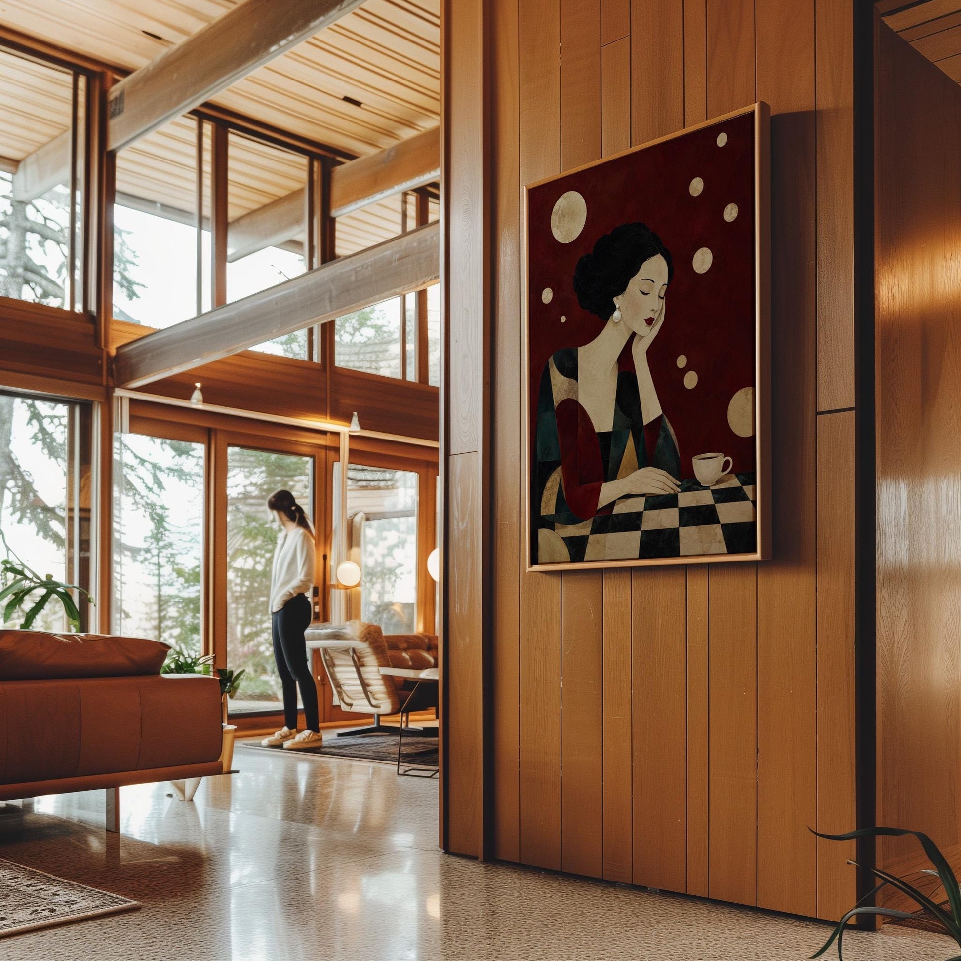 Art deco woman resting her chin on her hand beside a white coffee cup, canvas print shown to scale in a furnished room