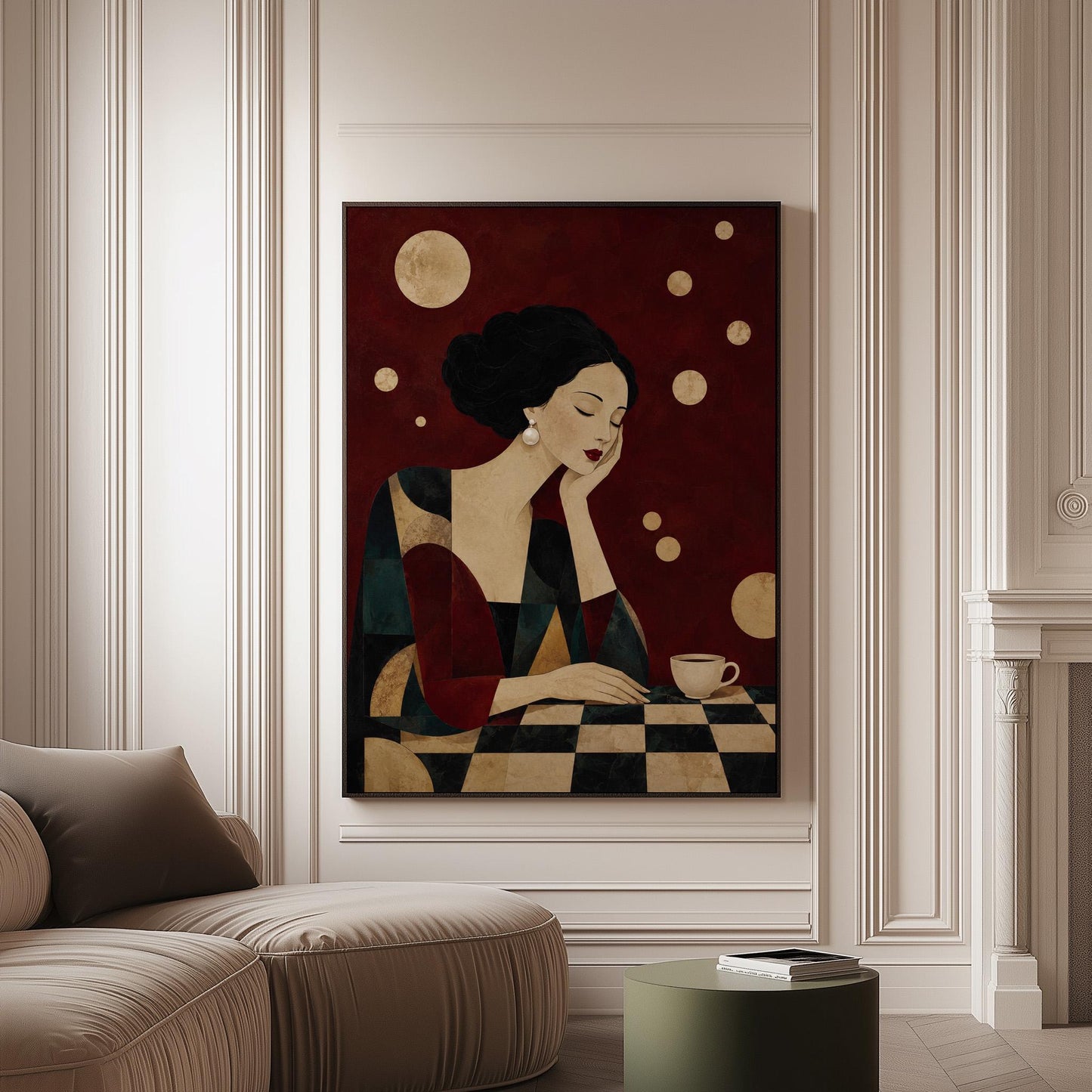 Art deco woman resting her chin on her hand beside a white coffee cup, canvas print on a softly lit wall in a calm interior