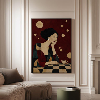 Art deco woman resting her chin on her hand beside a white coffee cup, canvas print on a softly lit wall in a calm interior