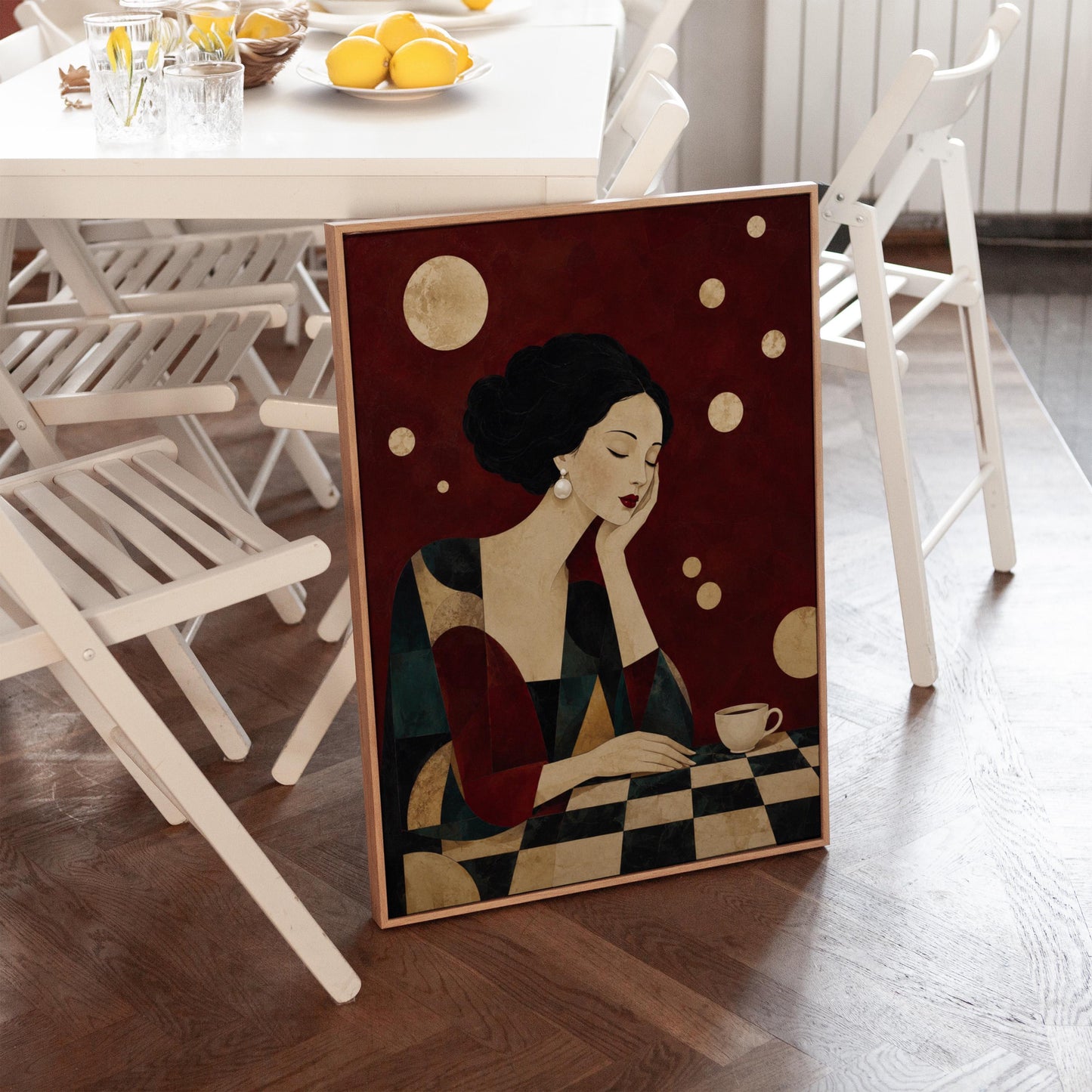 Art deco woman resting her chin on her hand beside a white coffee cup, canvas wall art hanging in a calm, modern living space