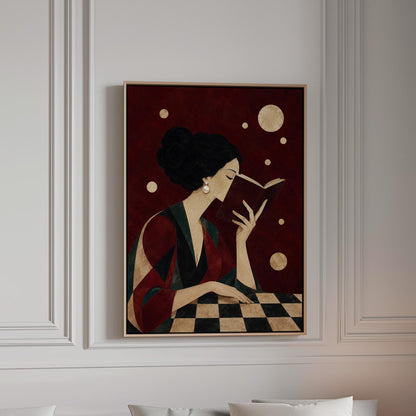 Dark haired woman in a faceted jewel toned gown reading an open book, canvas print in a bright room with natural daylight