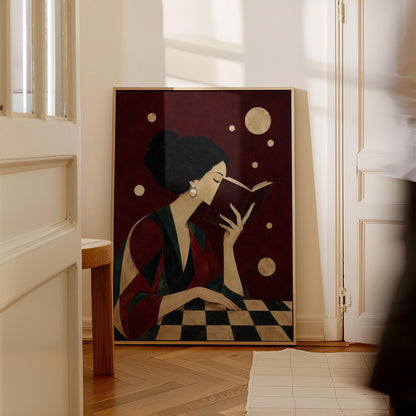 Dark haired woman in a faceted jewel toned gown reading an open book, canvas print styled against a soft white wall