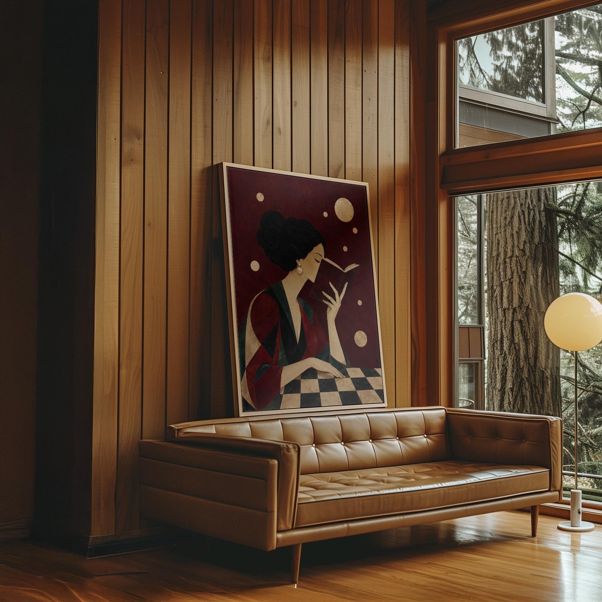 Dark haired woman in a faceted jewel toned gown reading an open book, canvas print presented in a light, minimal room