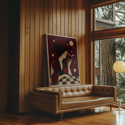 Dark haired woman in a faceted jewel toned gown reading an open book, canvas print presented in a light, minimal room