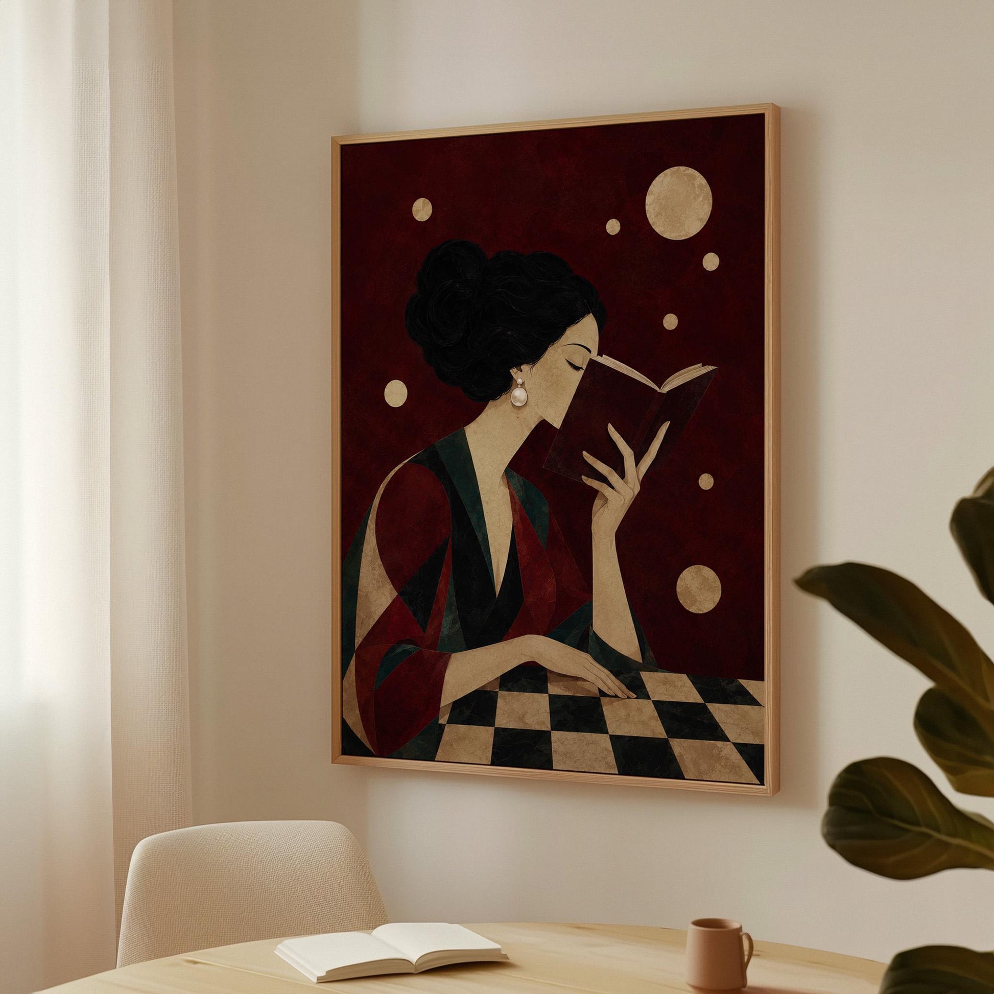 Dark haired woman in a faceted jewel toned gown reading an open book, canvas print displayed on a neutral wall in a styled interior