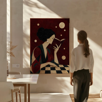 Dark haired woman in a faceted jewel toned gown reading an open book, canvas print shown in a sunlit, contemporary room