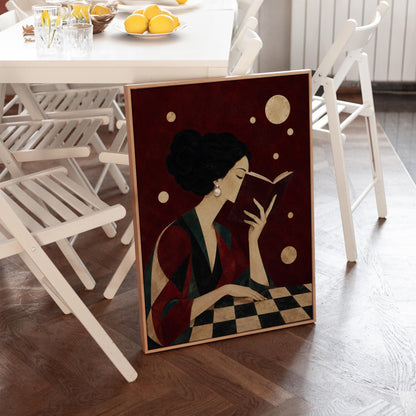 Dark haired woman in a faceted jewel toned gown reading an open book, canvas wall art hanging in a calm, modern living space