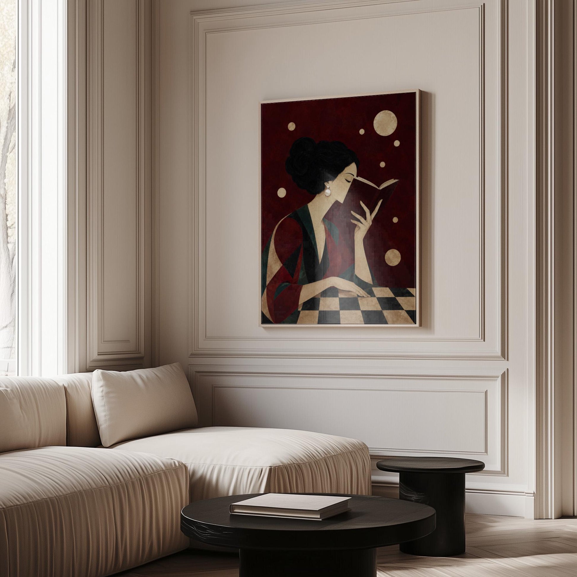 Dark haired woman in a faceted jewel toned gown reading an open book, canvas wall art styled against a soft white wall