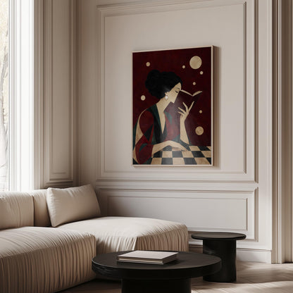 Dark haired woman in a faceted jewel toned gown reading an open book, canvas wall art styled against a soft white wall