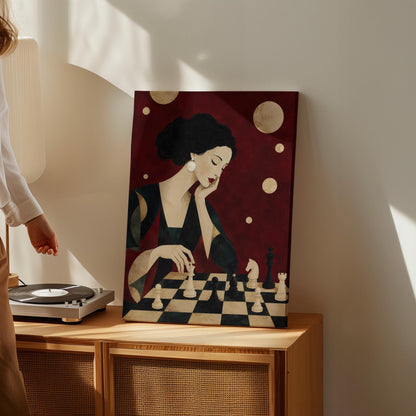 Elegant woman moving a chess piece across a black and white board, canvas print hanging in a calm, modern living space