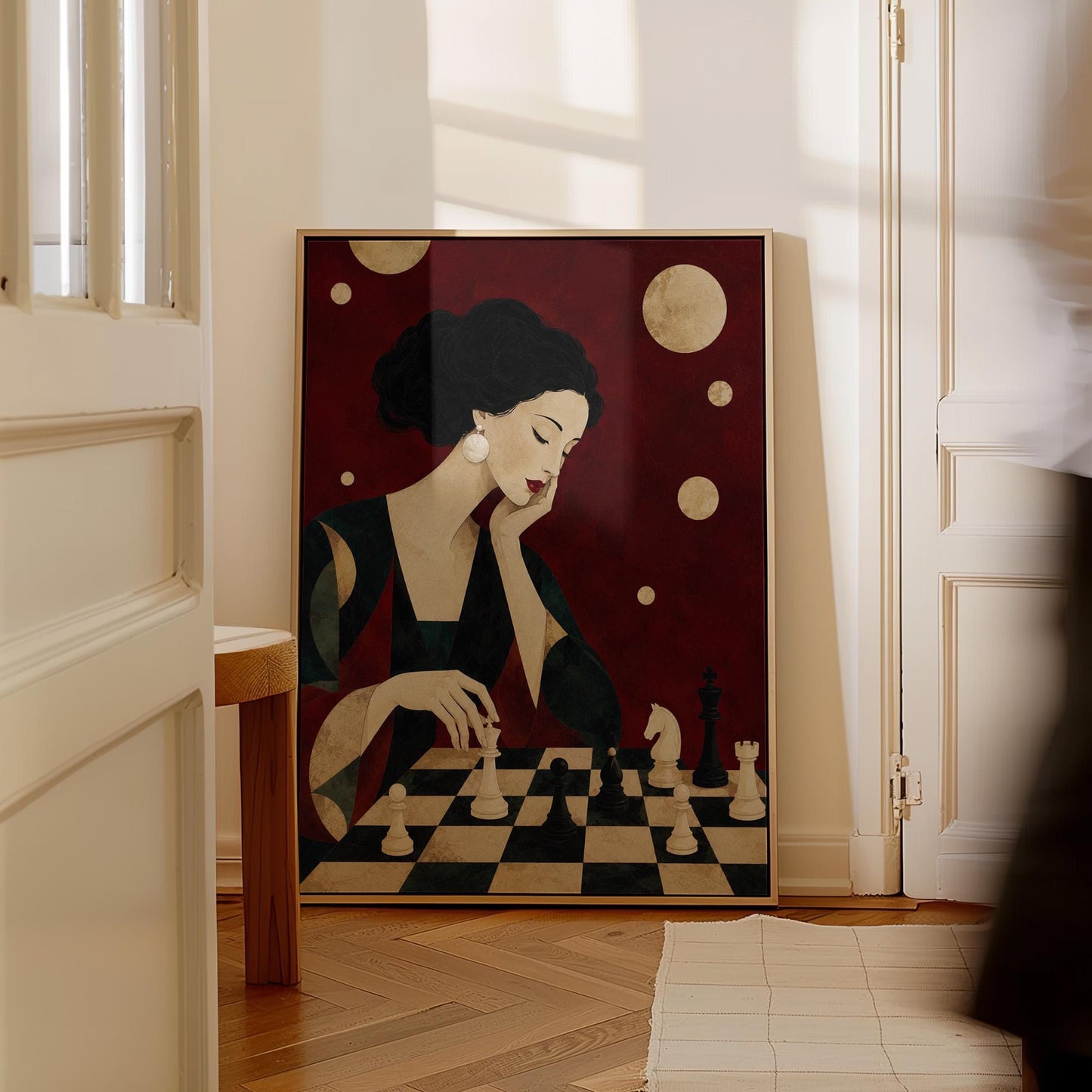 Elegant woman moving a chess piece across a black and white board, canvas print seen in a warm interior with natural light