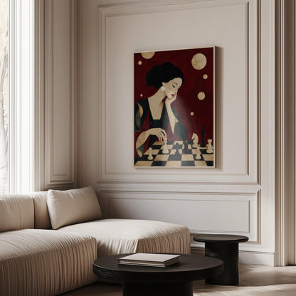 Elegant woman moving a chess piece across a black and white board, canvas print presented in a light, minimal room