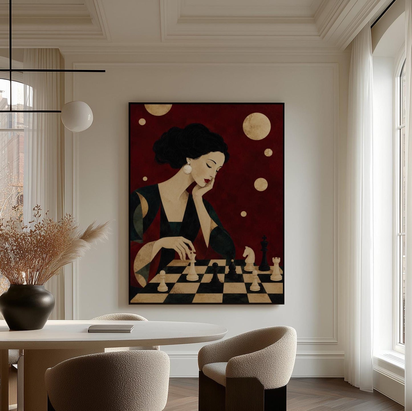 Elegant woman moving a chess piece across a black and white board, canvas print shown in a sunlit, contemporary room