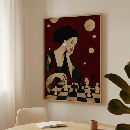 Elegant woman moving a chess piece across a black and white board, canvas print styled against a soft white wall