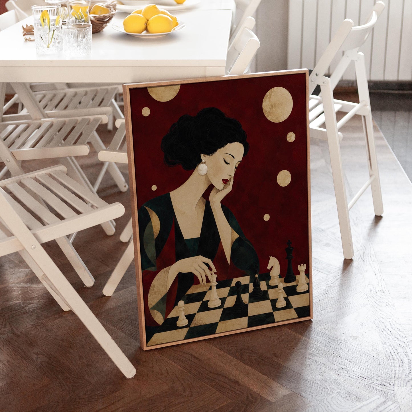 Elegant woman moving a chess piece across a black and white board, canvas wall art presented in a light, minimal room