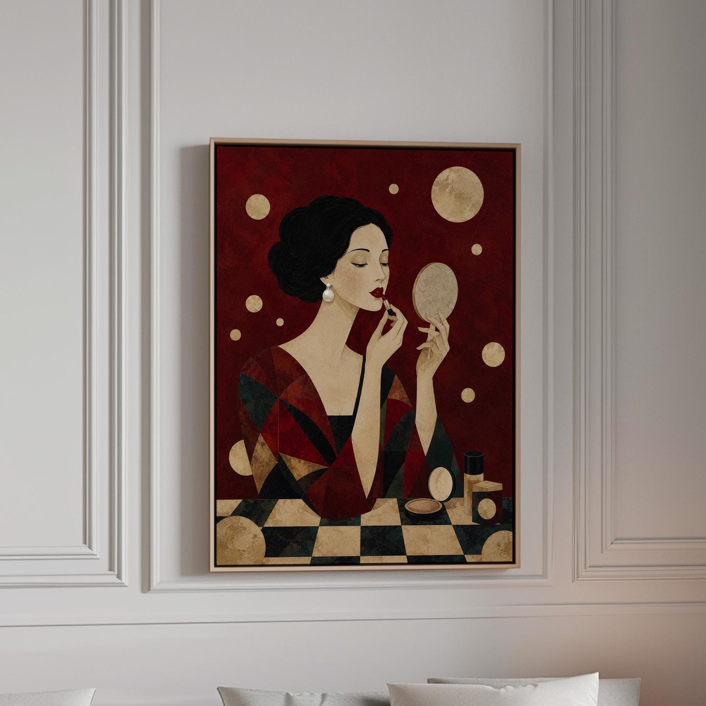 Woman applying red lipstick while holding a hand mirror, canvas print in a bright room with natural daylight
