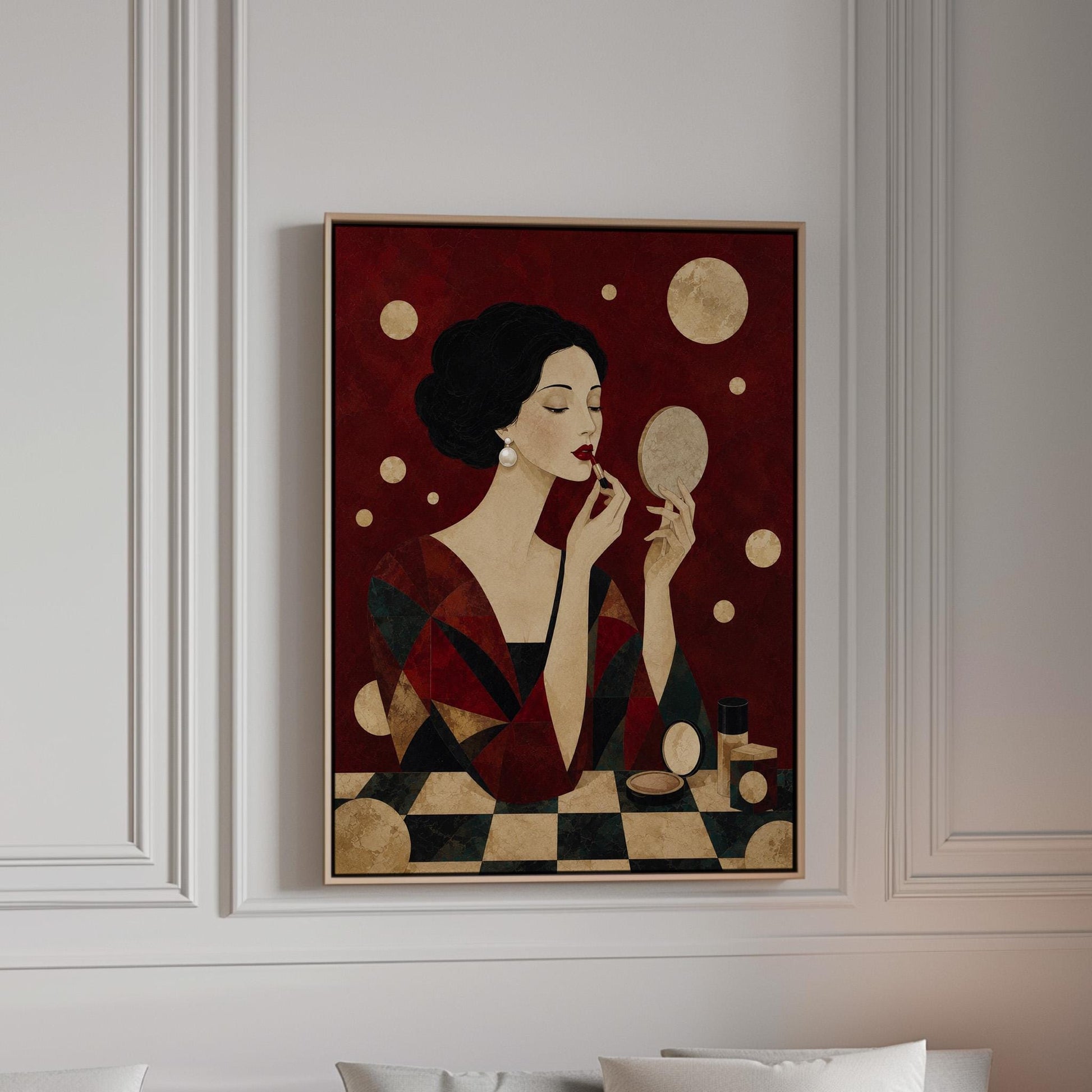 Woman applying red lipstick while holding a hand mirror, canvas print in a bright room with natural daylight
