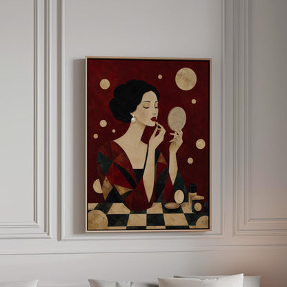 Woman applying red lipstick while holding a hand mirror, canvas print in a bright room with natural daylight
