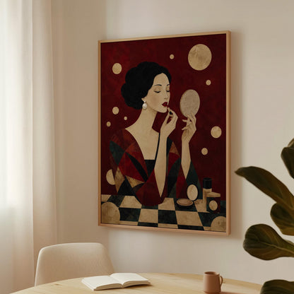 Woman applying red lipstick while holding a hand mirror, canvas print on a quiet wall in a considered interior