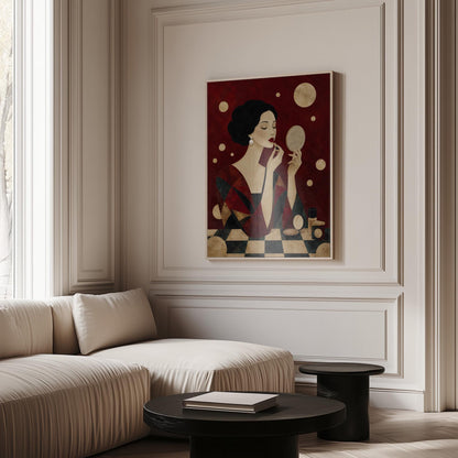 Woman applying red lipstick while holding a hand mirror, canvas wall art hanging in a calm, modern living space