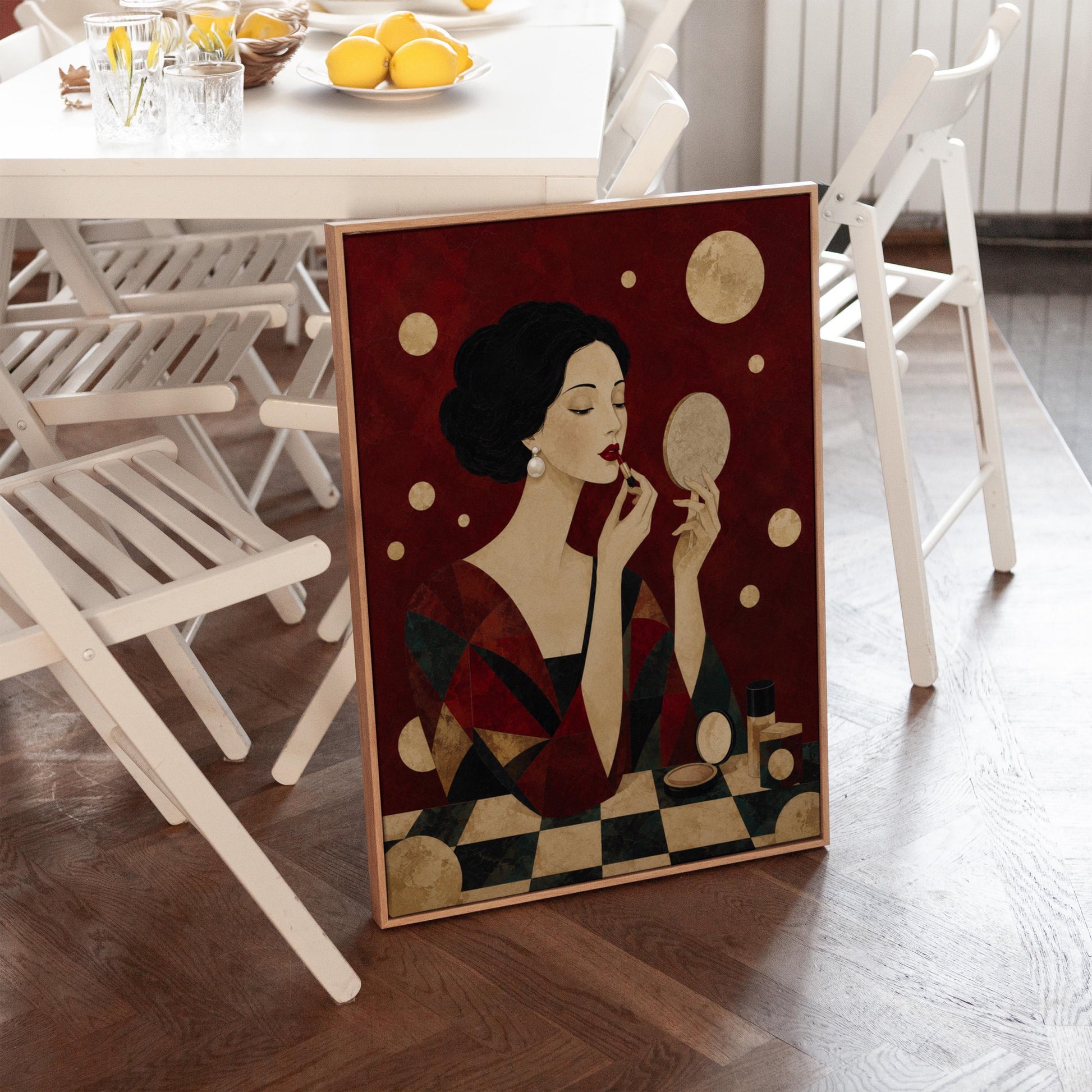 Woman applying red lipstick while holding a hand mirror, canvas wall art presented in a light, minimal room