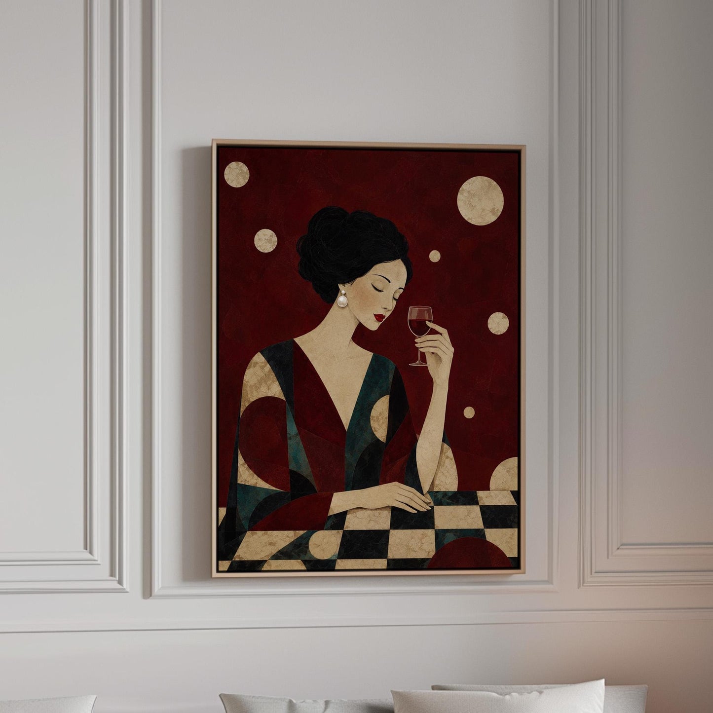 Woman with closed eyes lifting a glass of red wine at a dark table, canvas print in a bright room with natural daylight
