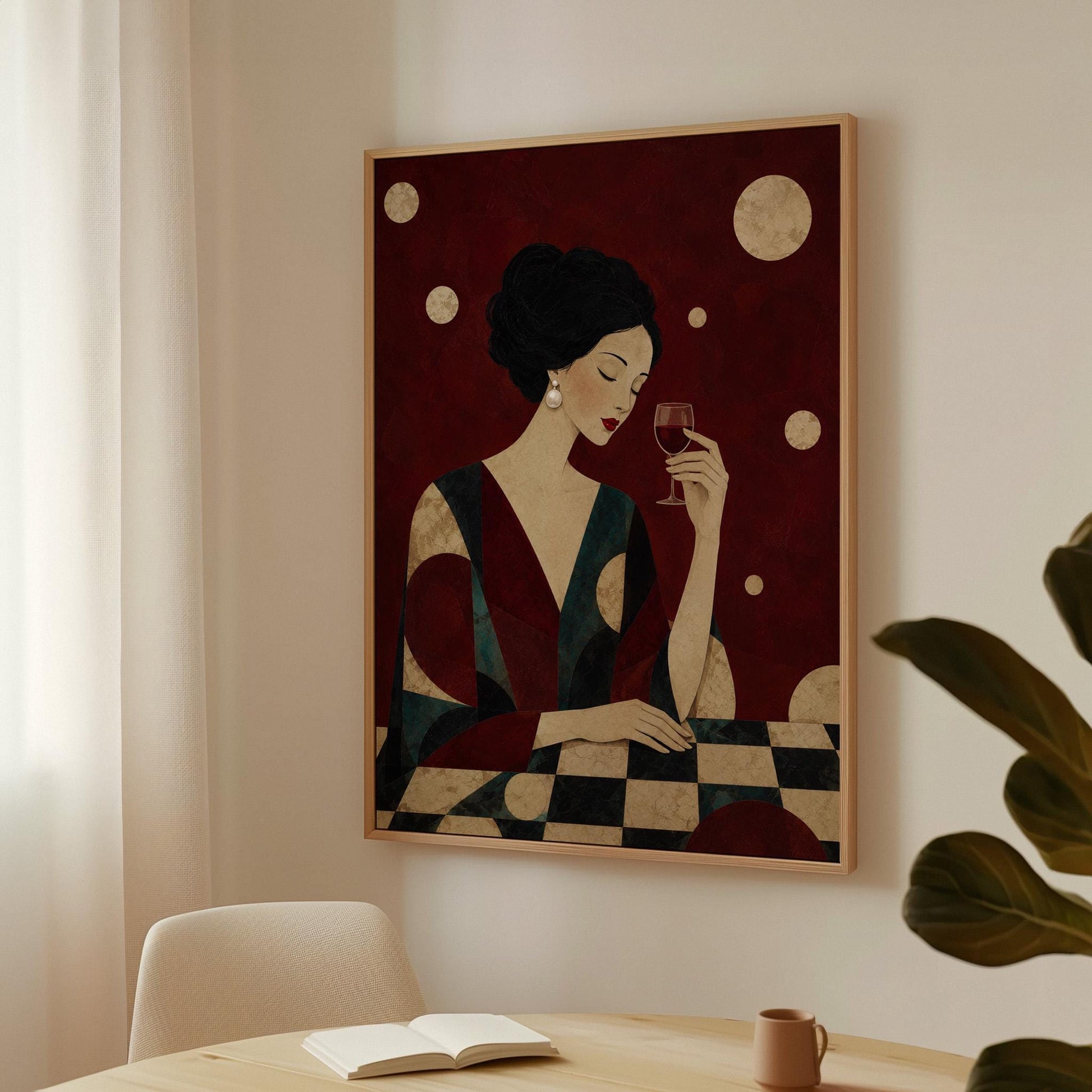 Woman with closed eyes lifting a glass of red wine at a dark table, canvas print seen in a warm interior with natural light