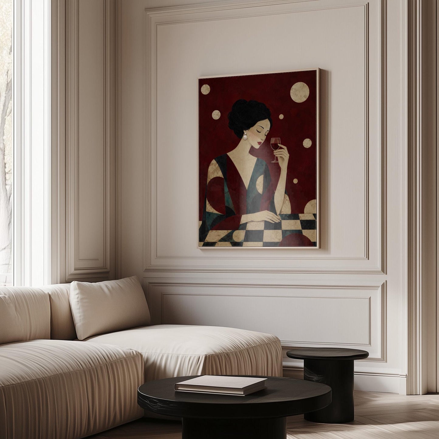Woman with closed eyes lifting a glass of red wine at a dark table, canvas print displayed on a neutral wall in a styled interior