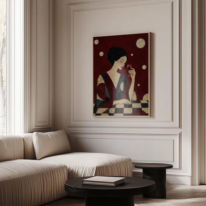 Woman with closed eyes lifting a glass of red wine at a dark table, canvas print displayed on a neutral wall in a styled interior