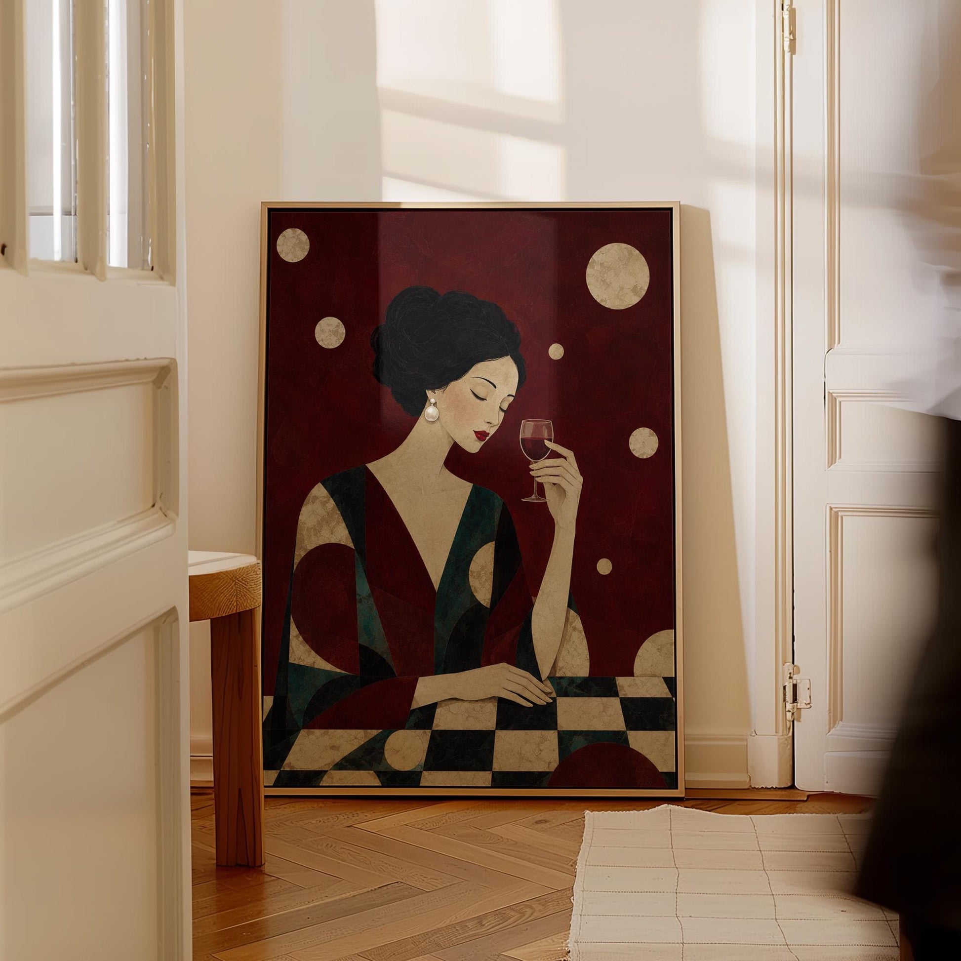 Woman with closed eyes lifting a glass of red wine at a dark table, canvas print shown in a sunlit, contemporary room