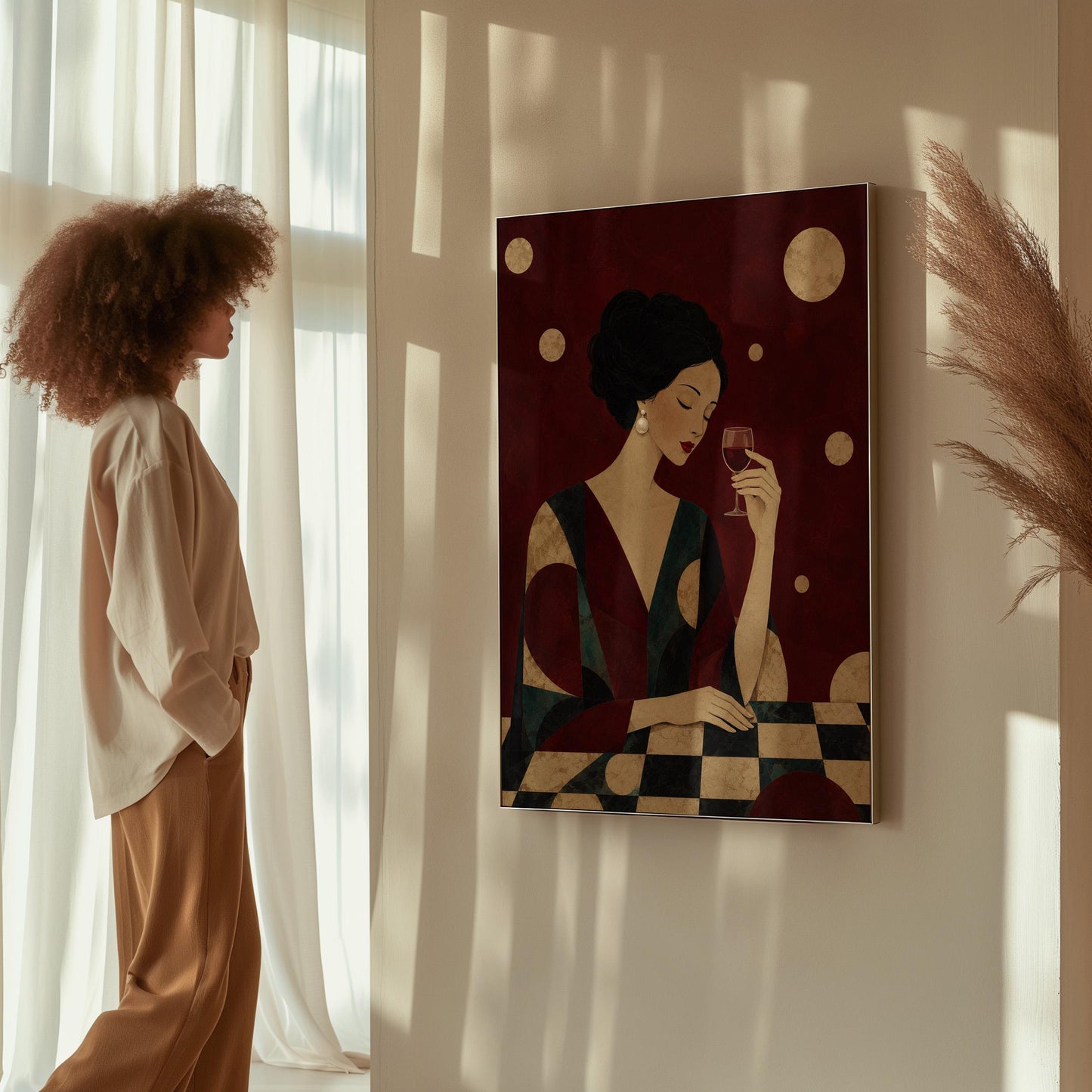 Woman with closed eyes lifting a glass of red wine at a dark table, canvas print hanging in a calm, modern living space