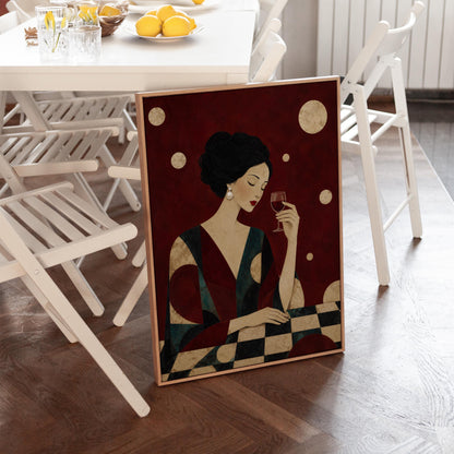 Woman with closed eyes lifting a glass of red wine at a dark table, canvas wall art seen in a warm interior with natural light