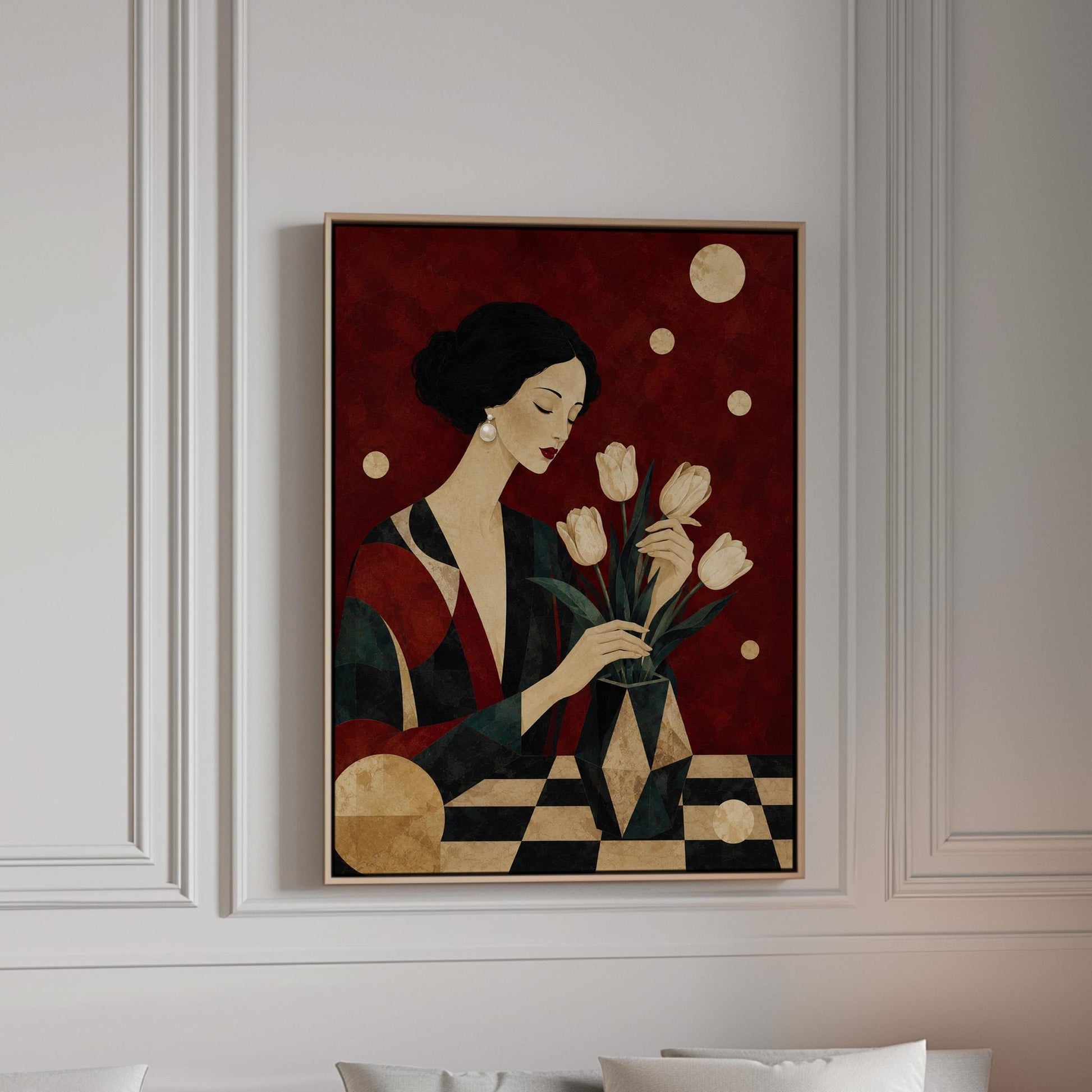 Elegant woman arranging pale cream tulips in a dark geometric vase, canvas print in a bright room with natural daylight