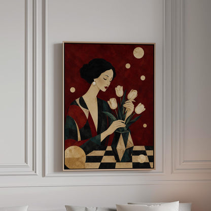 Elegant woman arranging pale cream tulips in a dark geometric vase, canvas print in a bright room with natural daylight