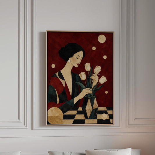 Elegant woman arranging pale cream tulips in a dark geometric vase, canvas print in a bright room with natural daylight