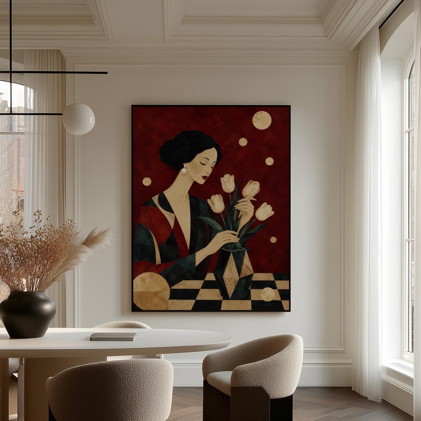 Elegant woman arranging pale cream tulips in a dark geometric vase, canvas print presented in a light, minimal room