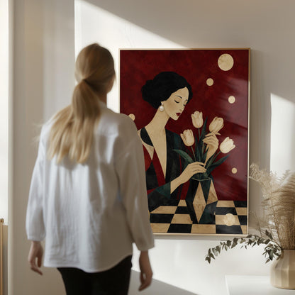 Elegant woman arranging pale cream tulips in a dark geometric vase, canvas print displayed on a neutral wall in a styled interior