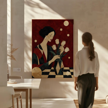 Elegant woman arranging pale cream tulips in a dark geometric vase, canvas wall art styled against a soft white wall