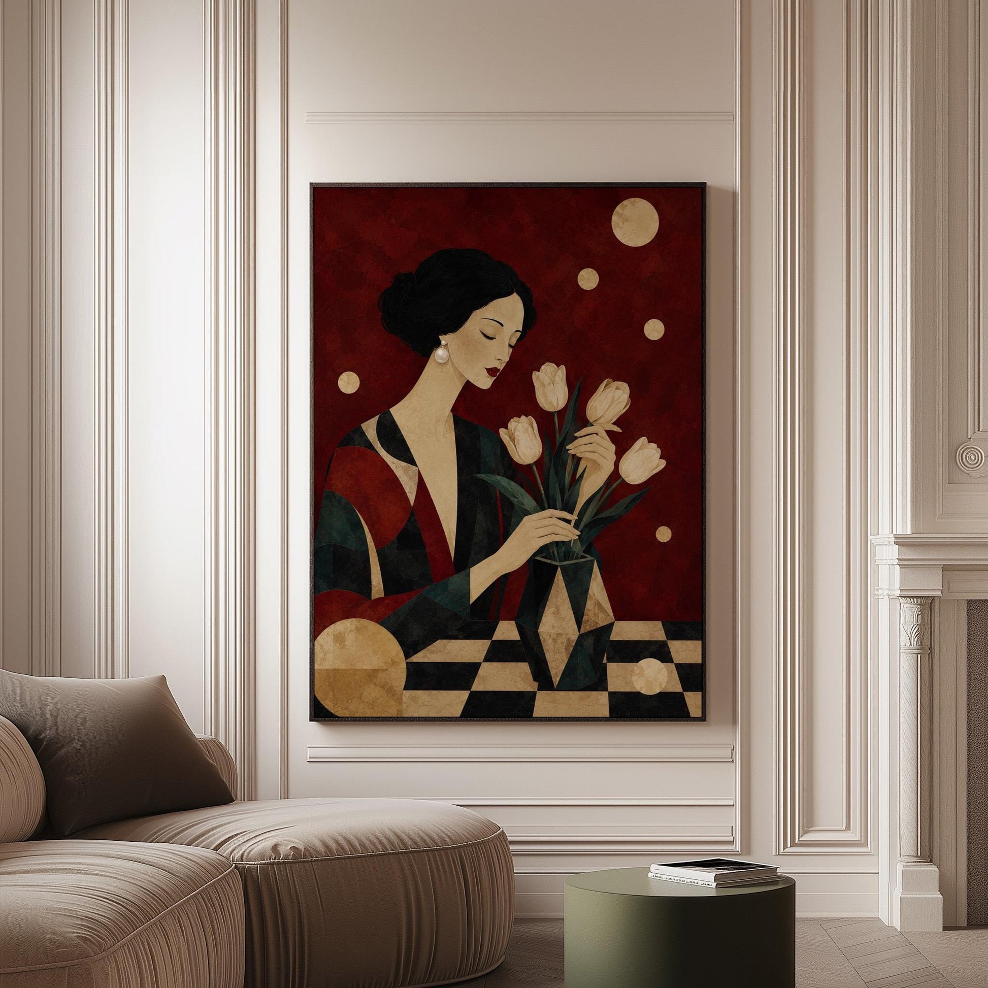Elegant woman arranging pale cream tulips in a dark geometric vase, canvas print on a softly lit wall in a calm interior