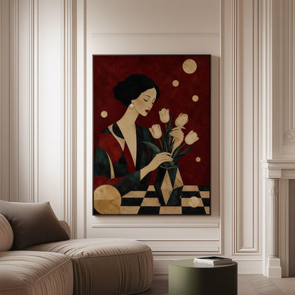 Elegant woman arranging pale cream tulips in a dark geometric vase, canvas print on a softly lit wall in a calm interior