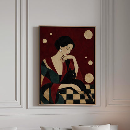 Elegant woman seated with a sleek black cat curled against her arm, canvas print in a bright room with natural daylight