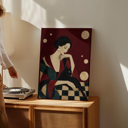 Elegant woman seated with a sleek black cat curled against her arm, canvas print hanging in a calm, modern living space